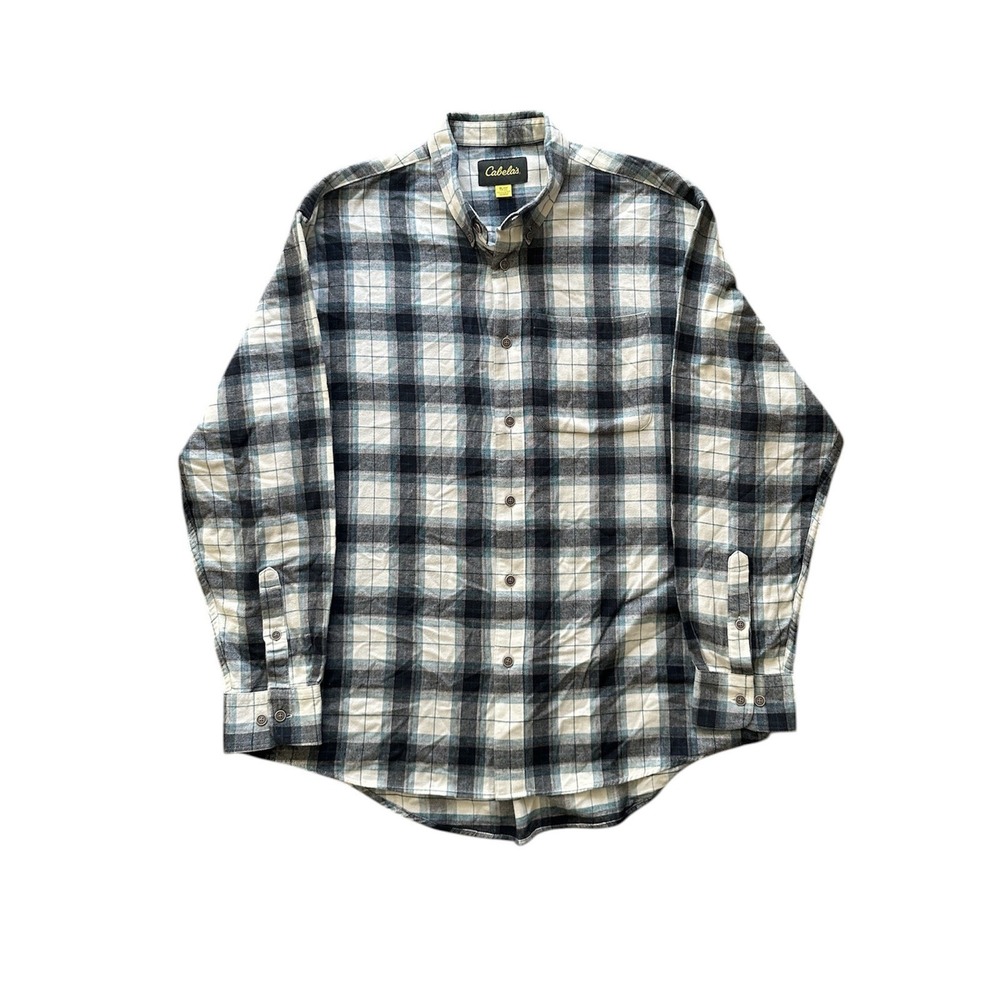 Cabelas Shirt Blue Check Button Up Flannel Outdoor Work Hike Men's Size XL